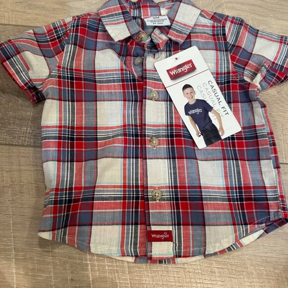 WRANGLER BOYS RED PLAID BUTTON UP SHORT SLEEVE SHIRT NEW 12 MONTH - Picture 2 of 7